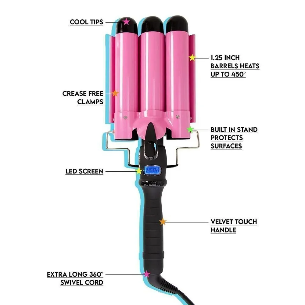 Trademark Beauty Babe Waves 3 Barrel Curling Iron Hair Waver, 1.25'' Quick Heat,